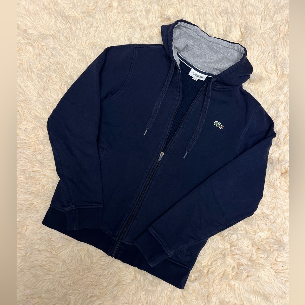 Lacoste Navy Blue Zip-Up Hoodie with Gray Hood Lining Women’s Size S